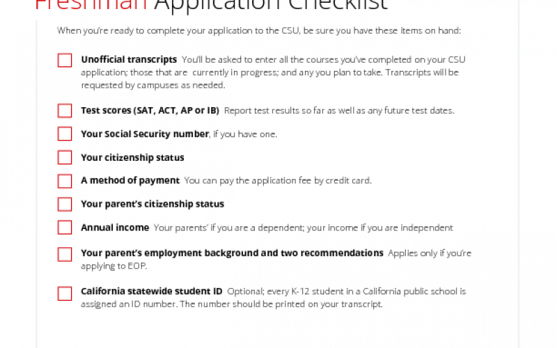 Application Checklist Freshman