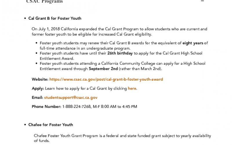 Foster Youth Students Resource Opportunities
